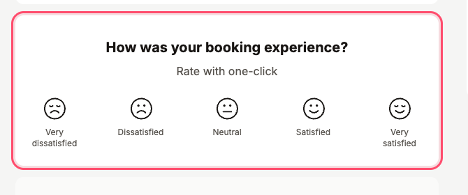 The one-click satisfaction rating card shown on the Movmo booking confirmation page — five faces from "Very dissatisfied" to "Very satisfied"